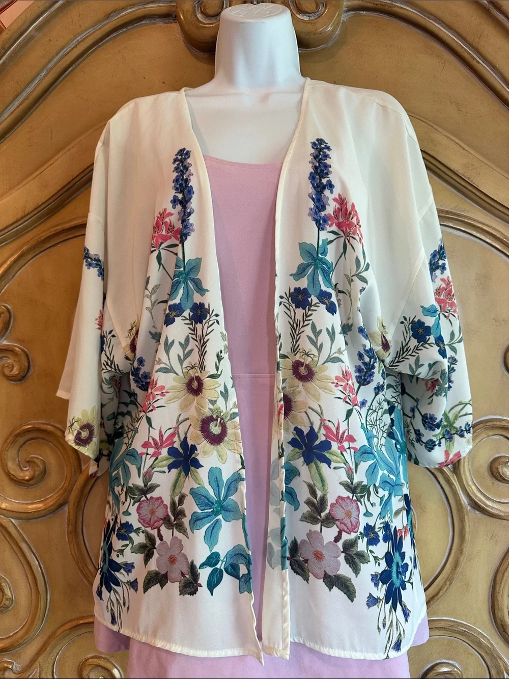 Floral Embroidered Kimono Cardigan — Cream with Multicolor Flowers